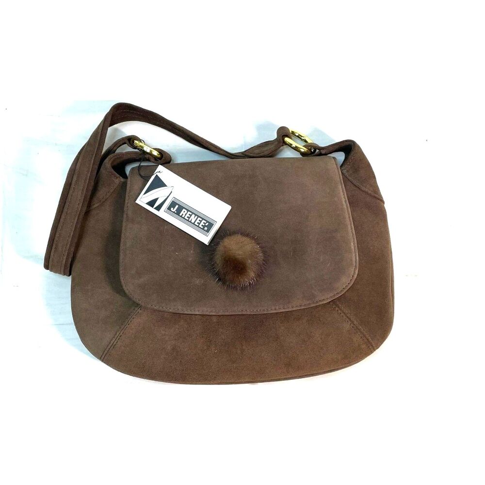 NWT Vintage J. Renee Brown Suede Pom-Pom Shoulder Bag Handbag